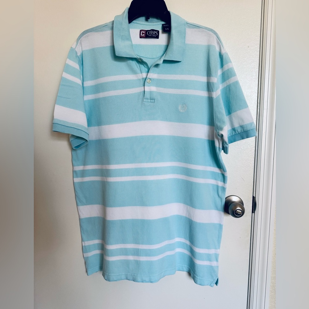 Chaps Men's Light Blue and White Striped Polo Shirt, L🦋